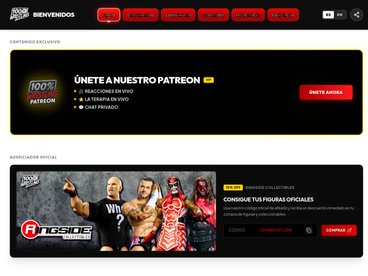Captura del sitio 100% Wrestling Podcast
